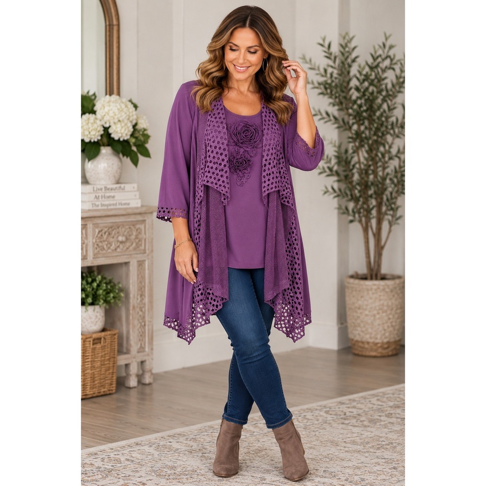 Ali Miles Purple Layered 1 Piece Cardigan Tank Top 3D Floral Eyelet Plus Size 1X